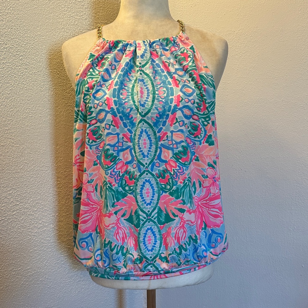 Lilly Pulitzer Halter Pink and Blue Patterned Women’s Blouse Size L